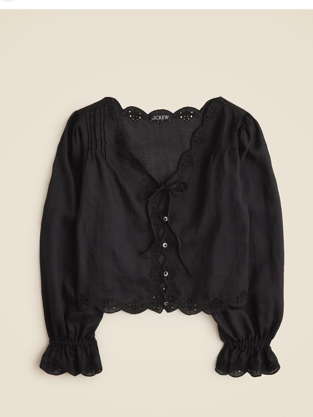 J. Crew Black Eyelet-Trim Tie-Front Blouse